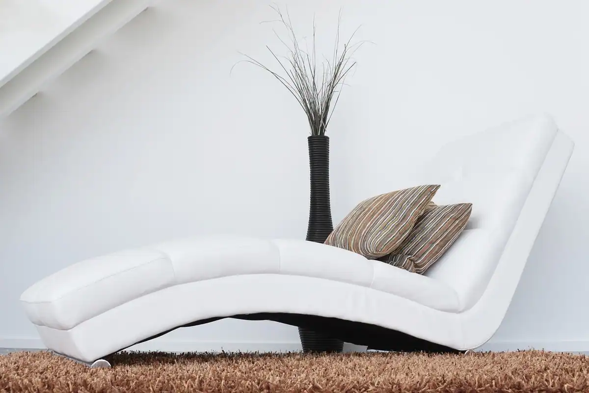 Canapea albă modernă cu perne decorative pe un covor pufos