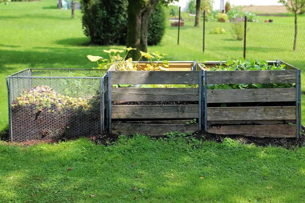 Trei lăzi de compost din lemn într-o grădină cu iarbă verde